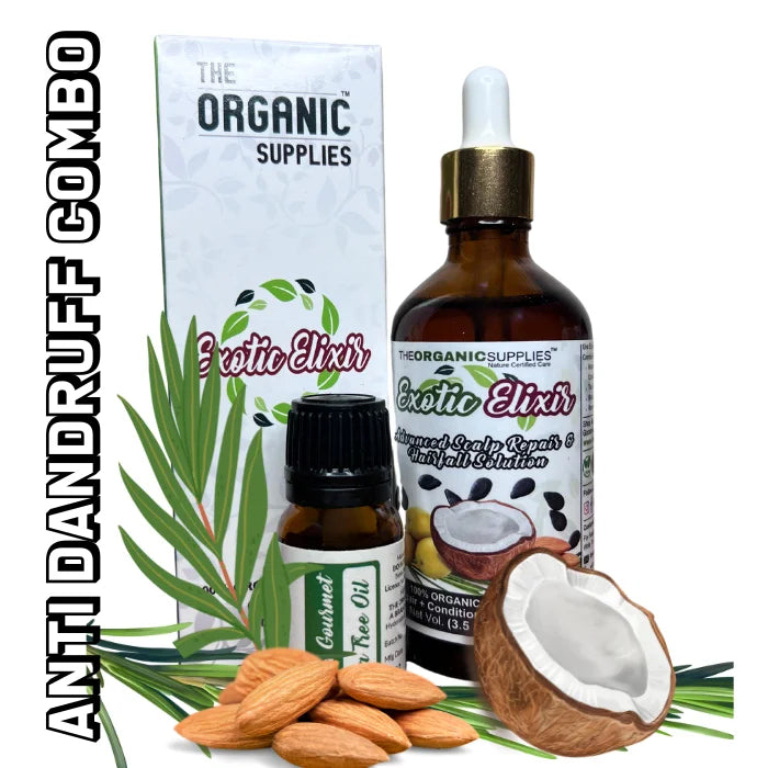 Soothe your itchy scalp with The Organic Supplies' Anti dandruff combo. bottle of exotic elixir and tea tree oil are shown side-by-side on a white background.