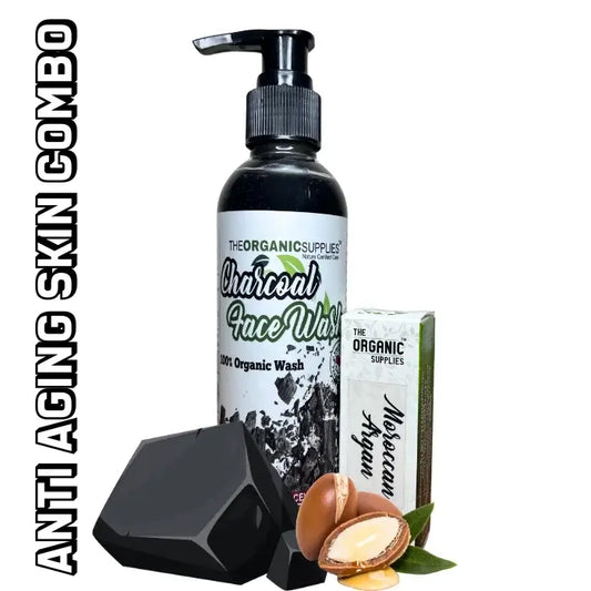 A bottle of The Organic Supplies, Organic Wash charcoal face wash and a bottle of Moroccan argan oil stand side-by-side Natural face cleanser and argan oil anti-aging skin combo. 