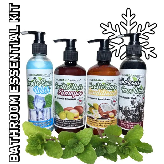 All bathroom essential kit, including shampoo, conditioner, and face wash, bady wash displayed on a white background with leaves.