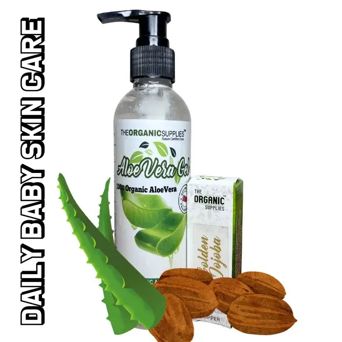 Natural skincare products for babies and moms, including aloe vera gel, jojoba oil,