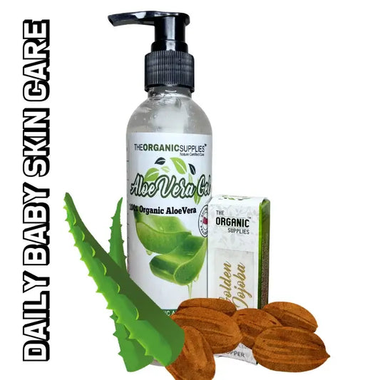 Natural skincare products for babies and moms, including aloe vera gel, jojoba oil,